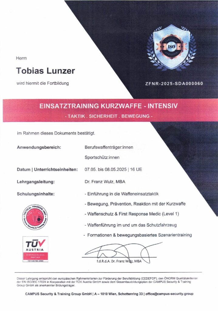 Zertifikat Einsatztraining Kurzwaffe – Intensiv, Tobias Lunzer (2025)
