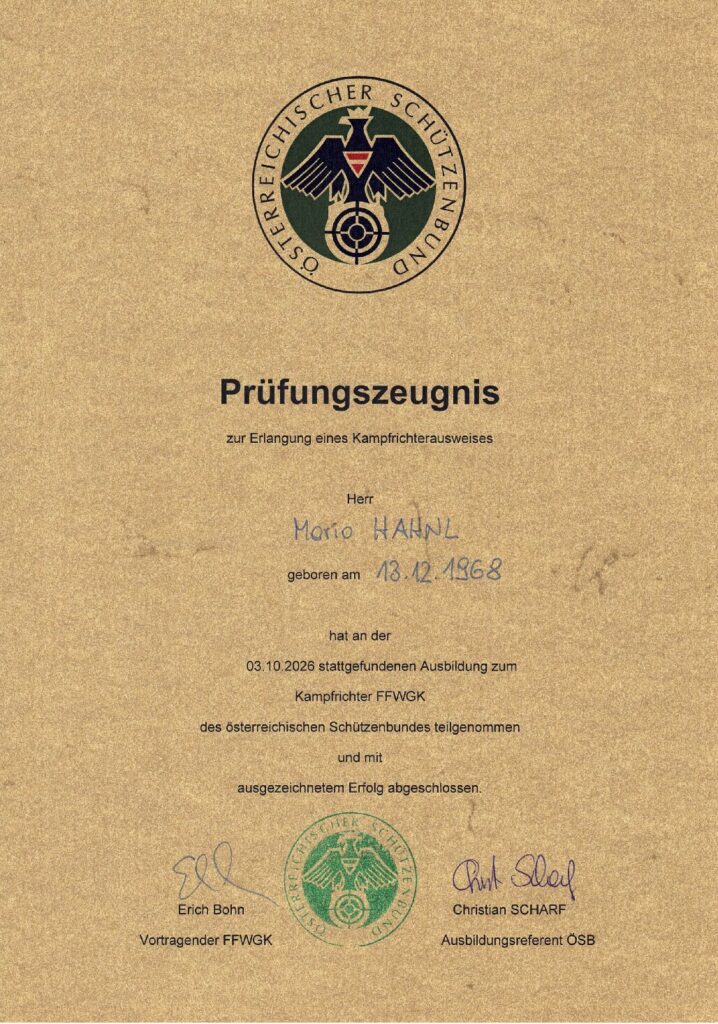 Prüfungszeugnis Kampfrichter FFWGK – Mario Hahnl (Österreichischer Schützenbund, 2026)