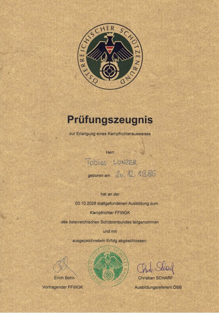 Prüfungszeugnis Kampfrichter FFWGK – Tobias Lunzer (Österreichischer Schützenbund, 2026)