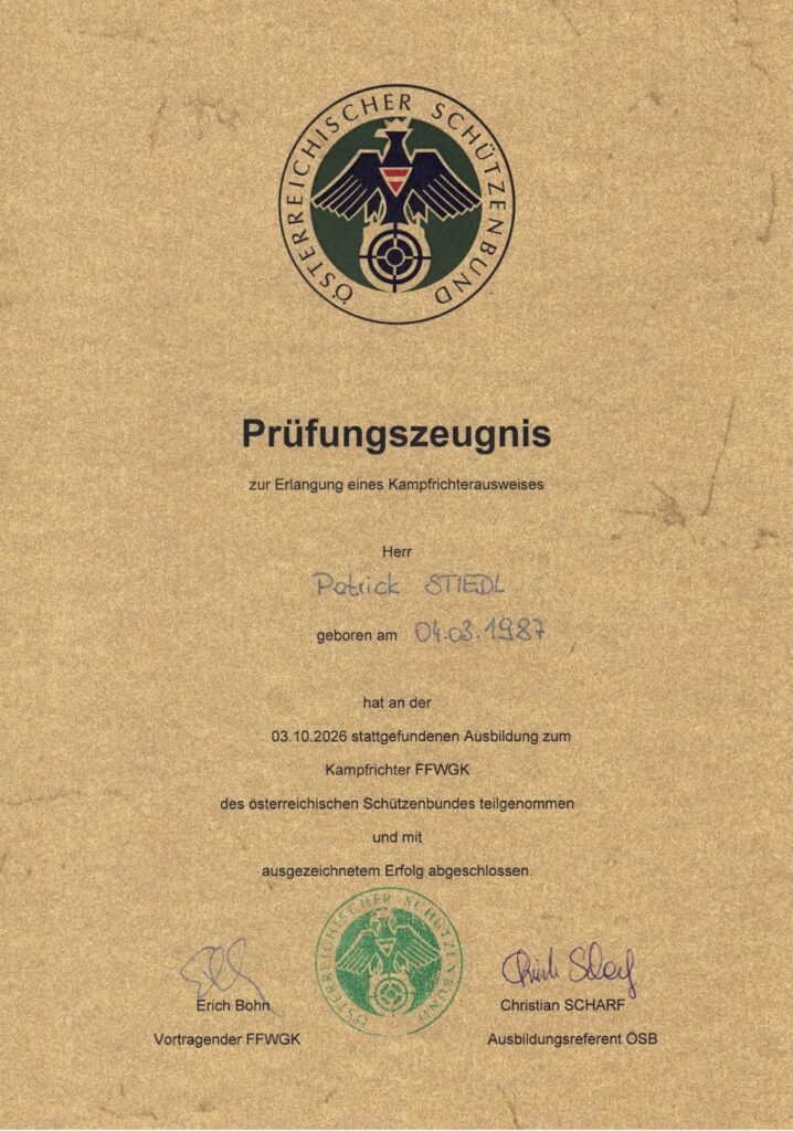 Prüfungszeugnis Kampfrichter FFWGK – Patrick Stiedl (Österreichischer Schützenbund, 2026)