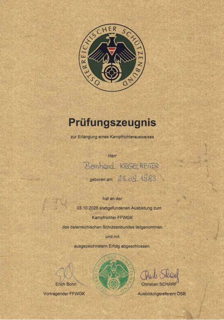 Prüfungszeugnis Kampfrichter FFWGK – Bernhard Kegelreiter (Österreichischer Schützenbund, 2026)