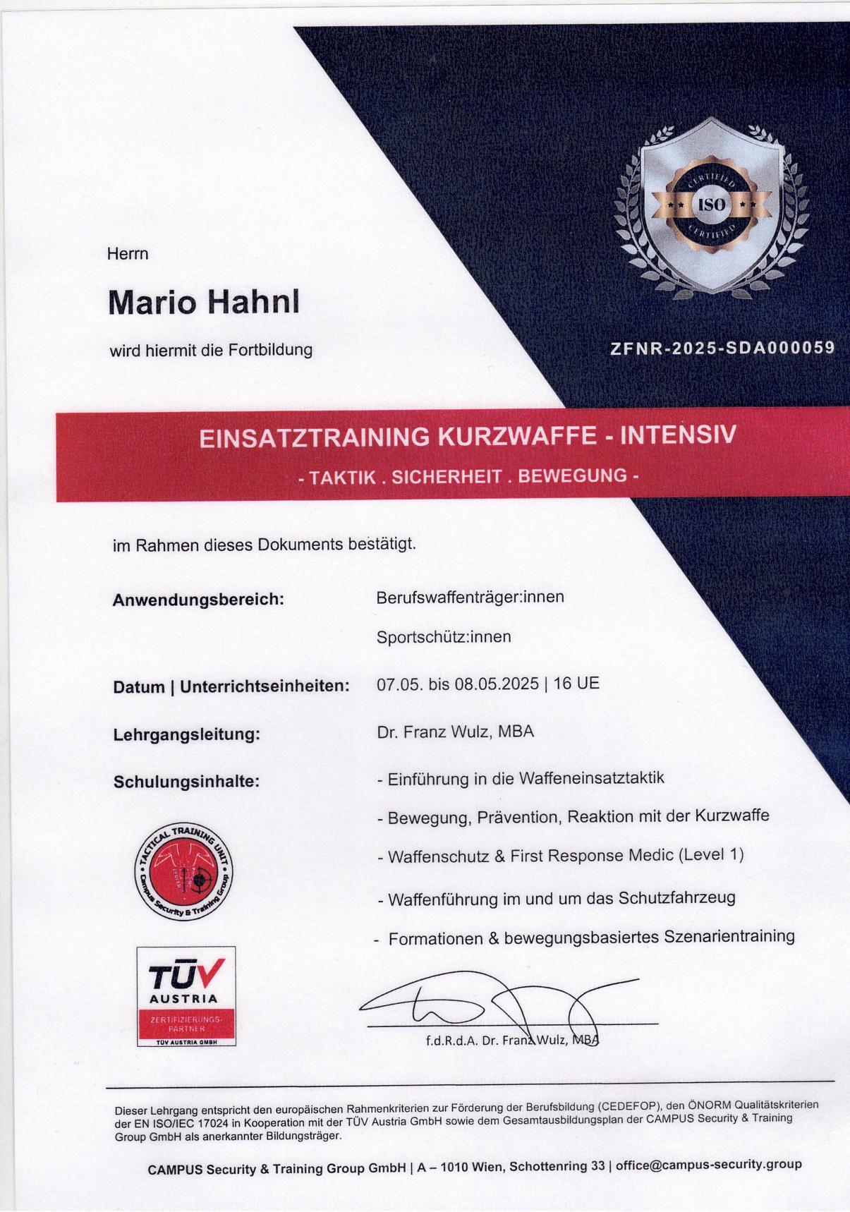 Zertifikat Einsatztraining Kurzwaffe – Intensiv, Mario Hahnl (2025)